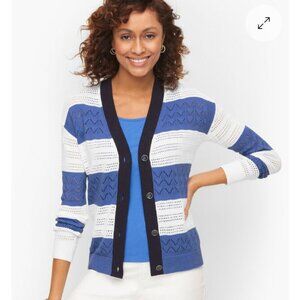 Tipped Pointelle V Neck Long Sleeve Cardigan Sweater Stripes White Blue Size M